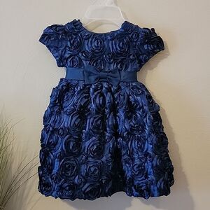 MARMELLATA CLASSICS NAVY BLUE SATIN FLORAL RIBBON DRESS, SIZE 3T